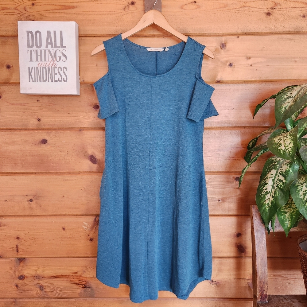Soft Surroundings Blue Terry Jersey Knit Cold Shoulder Swing Dress Pocket Sz XS